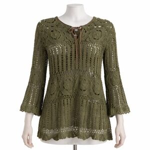 Vtg Crochet Lace Knit Tunic Top Green Long Sleeve M Fairy Cottagecore Y2K Elvan